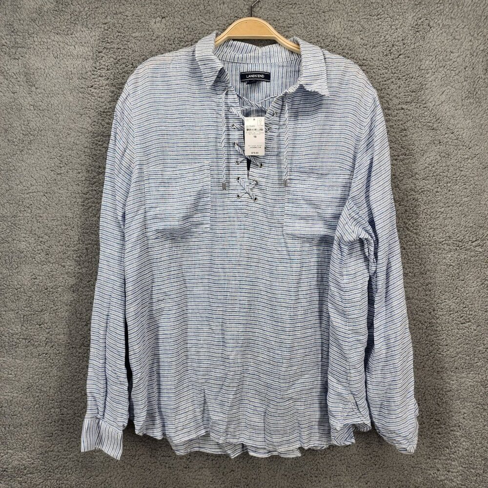 LANDS' END Womens Size 18 Blue and White Striped 100% Linen Popover Top Collared